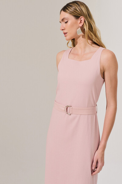 FotoVestido Midi Regata de Linho Decote Quadrado Fendas Laterais Cinto Fivela