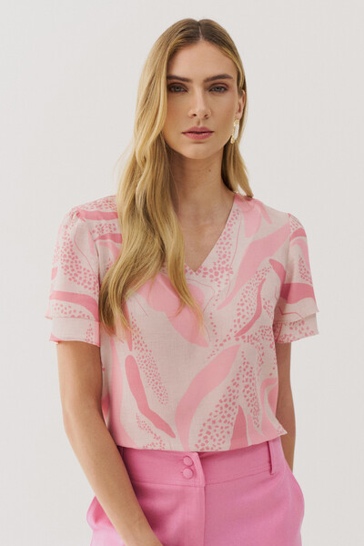 Foto Blusa Folhagem Manga Dupla Decote V