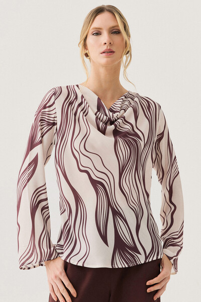 Foto Blusa Abstrata Manga Longa Flare Decote Drapeado (cópia)