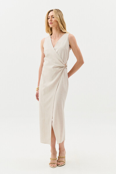 Foto Vestido Midi Regata Transpassado de Linho Lateral Franzida Gold