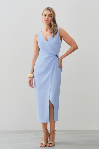 Foto Vestido Midi Regata Transpassado de Linho Lateral Franzida Gold