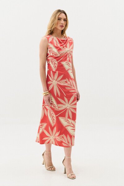 Foto Vestido Midi Regata Assimétrico Drapeado Folhagem Ombro Lateral Franzidos