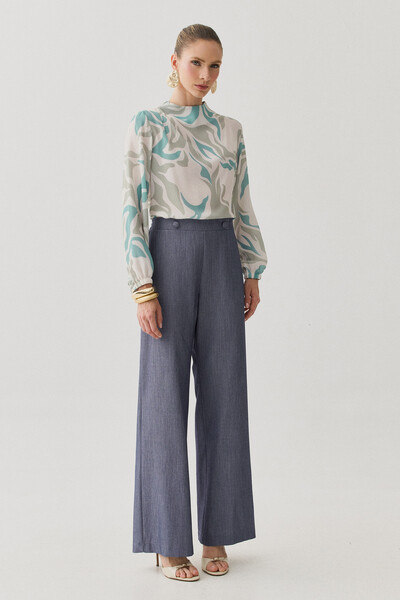 FotoCalça Reta de Alfaiataria Cintura Elástico Botões Forrados Double