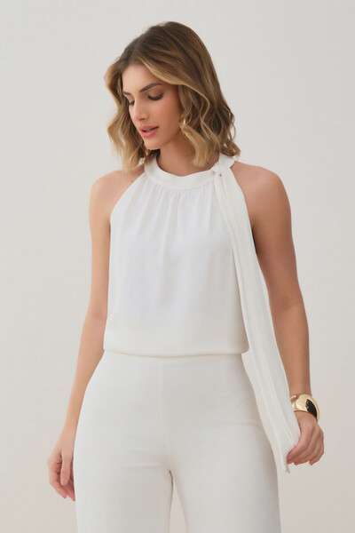 Foto Conjunto de Blusa Regata Frente Única Laço e Calça Pantalona Slim