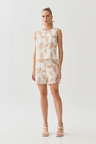 FotoConjunto de Algodão Bordado Folhagem de Blusa Regata Barrada e Shorts Barrado