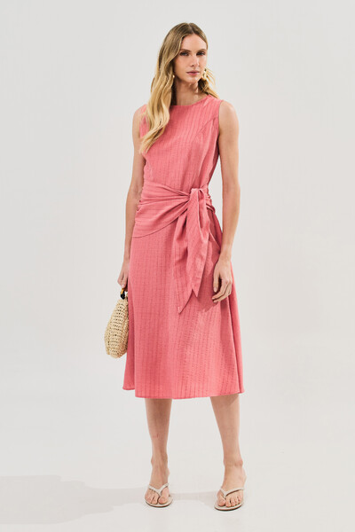 Foto Vestido Midi Regata de Textura Listrada Cintura Faixa Franzida