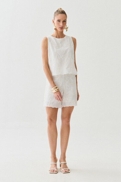 FotoConjunto de Algodão Bordado Folhagem de Blusa Regata Barrada e Shorts Barrado