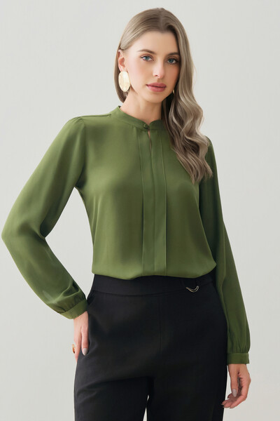 Foto Blusa Manga Longa Punho Gola Baixa Mini Botão Forrado Pregas