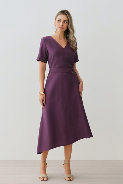 Foto Vestido Midi Evasê Assimétrico Decote V Cinto Gold