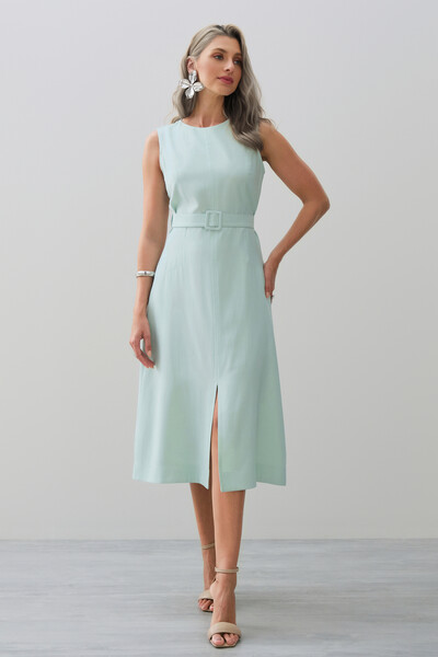 Foto Vestido Midi Regata de Alfaiataria Recortes Cinto Fivela Forrada Fenda Frontal