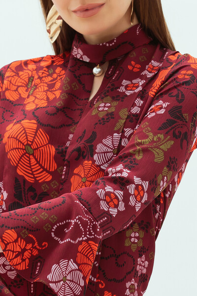 FotoBlusa floral étnica manga longa evasé gola dobrada pérola decote gota vazado