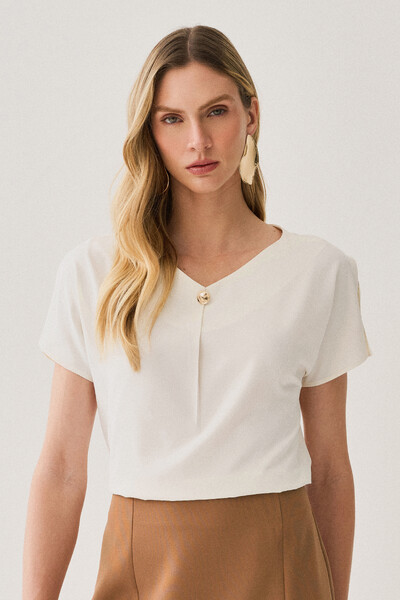 Foto Blusa Manga Morcego Abertura Decote V Prega Gold