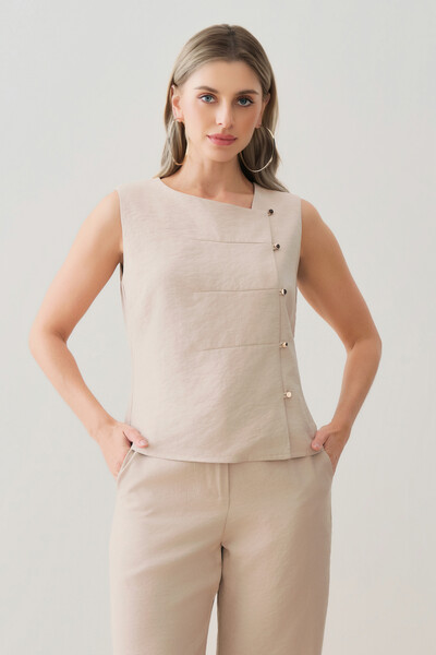 Foto Conjunto de Camisa Regata Assimétrica Pence Mini Botões Gold e Pantalona Slim