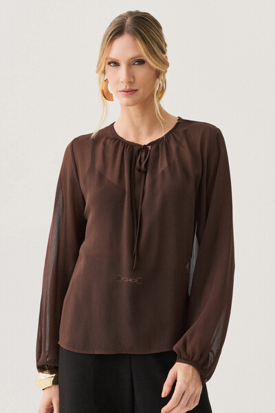 Foto Blusa de Chiffon Yoryu Manga Longa Decote Gota Laço