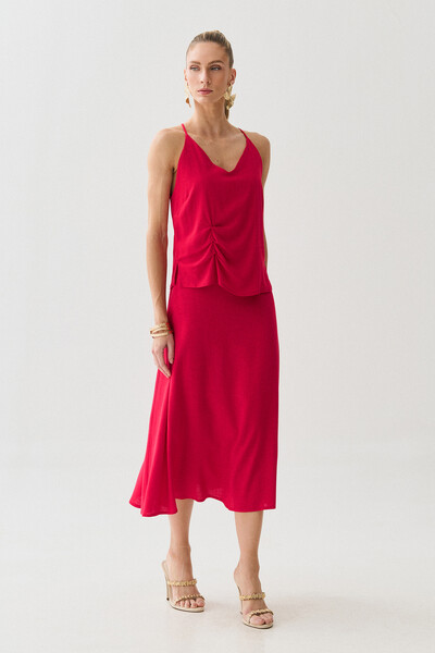 Foto Conjunto de Blusa de Alcinha Assimétrica Decote V Lateral Pregas e Saia Midi Godê