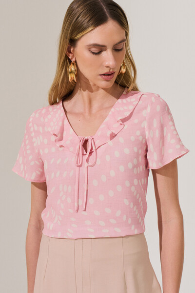 Foto Blusa Poa Decote V Babado Laço