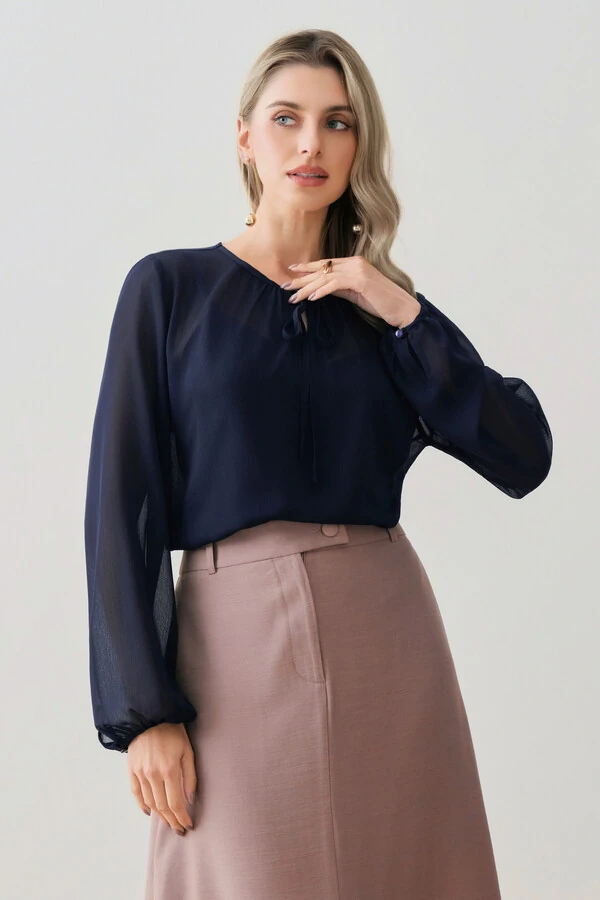 Blusa de Chiffon Yoryu Manga Longa Decote Gota Laço