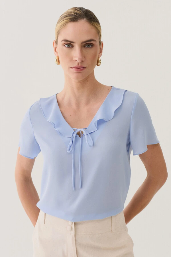 Blusa Decote V Babado Laço