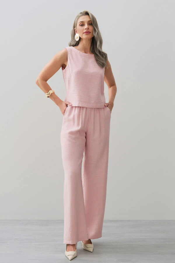 Conjunto de Blusa Regata Crop Pence e Calça Reta Cintura Elástico Laço