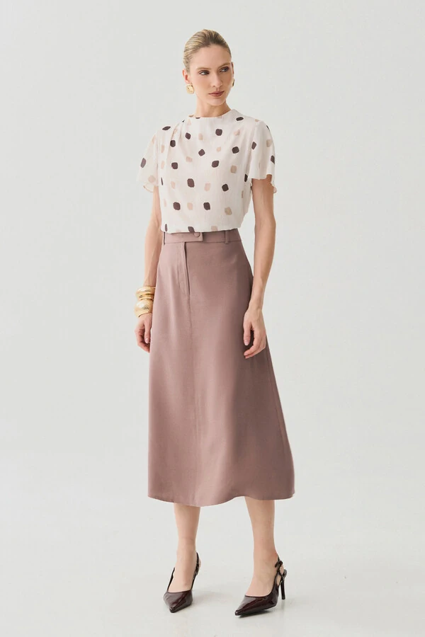 Blusa Assimétrica Abstrata Gola Careca Baixa Pregas Ombro Direito