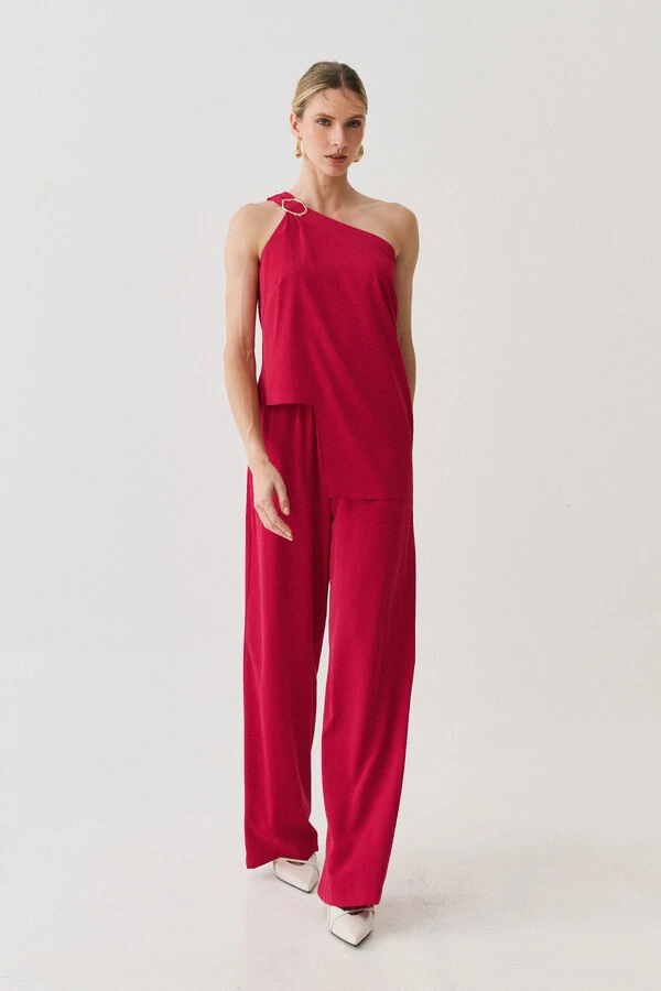 Conjunto de Blusa Regata Dupla Assimétrica Um Ombro Só Gold e Calça Pantalona Elástico