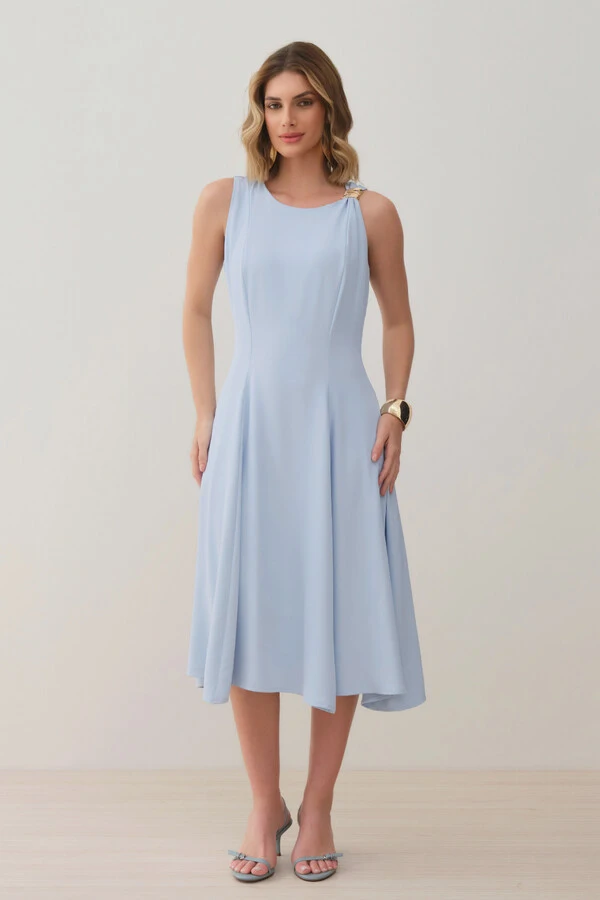 Vestido Midi Evasê Regata Assimétrico Pregas Ombro Esquerdo Gold