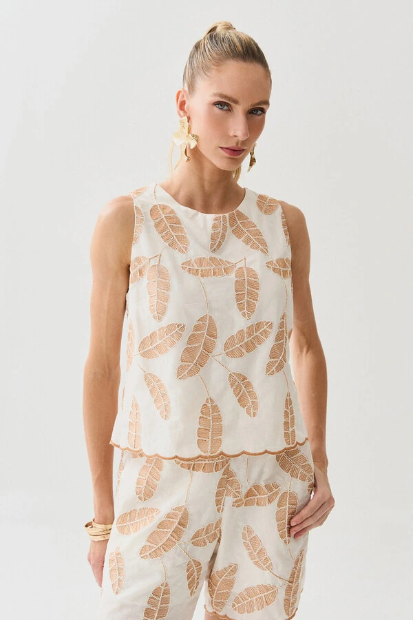 Conjunto de Algodão Bordado Folhagem de Blusa Regata Barrada e Shorts Barrado