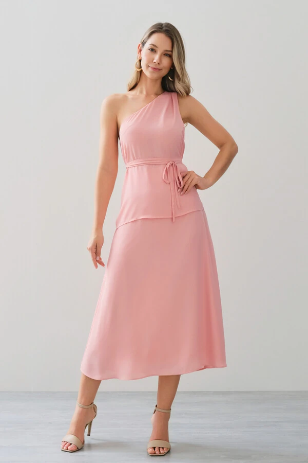 Conjunto de Blusa Regata Assimétrica Um Ombro Só Prega Cinto e Saia Midi