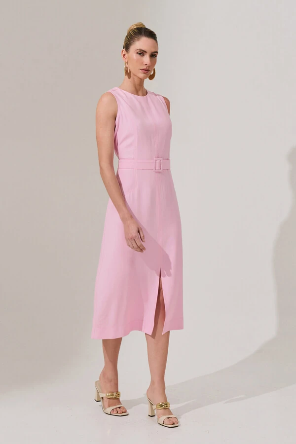 Vestido Midi Regata de Alfaiataria Recortes Cinto Fivela Forrada Fenda Frontal