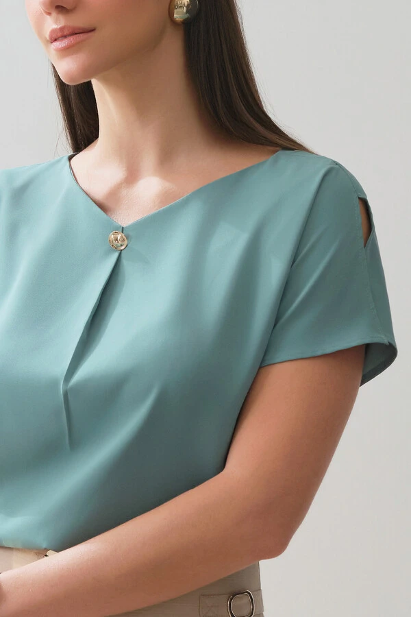 Blusa Manga Morcego Abertura Decote V Prega Gold