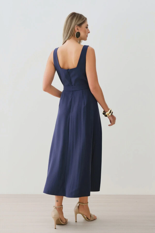 Vestido Midi de Alça Larga de Alfaitaria Decote Quadrado Recortes Cinto