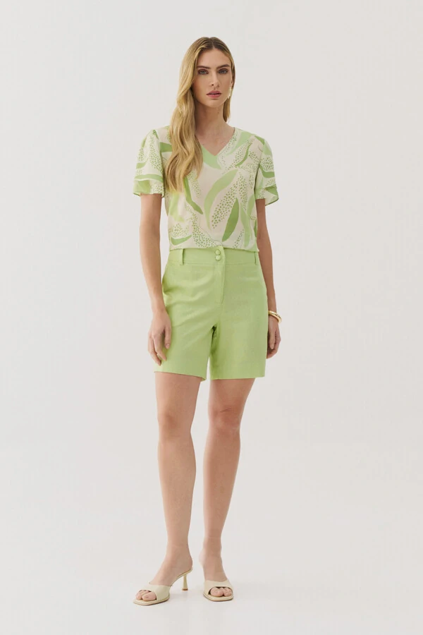 Blusa Folhagem Manga Dupla Decote V