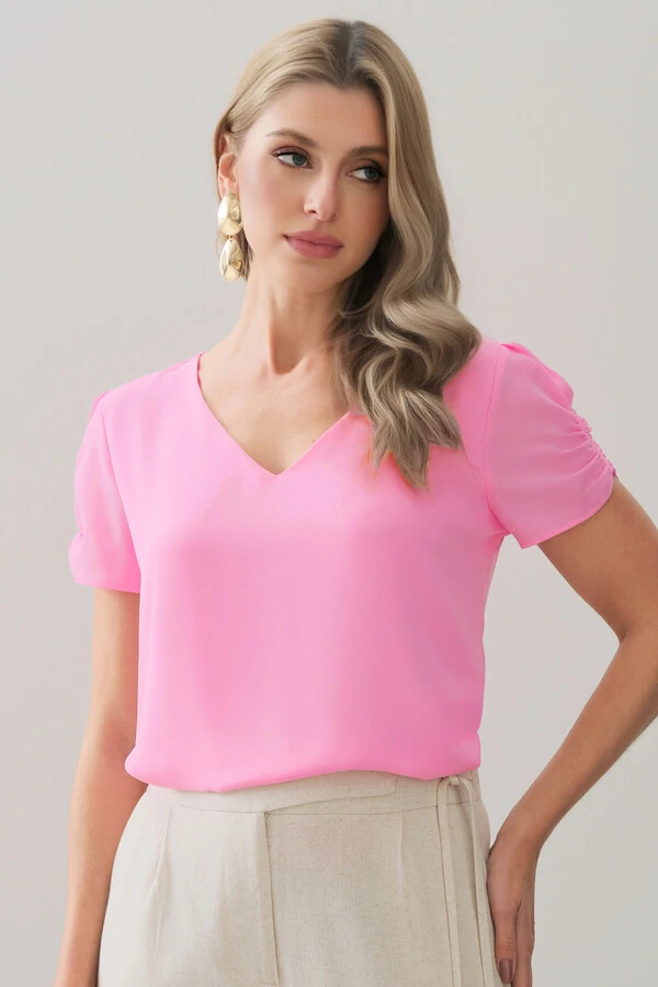 Blusa Manga Franzida Elástico Decote V