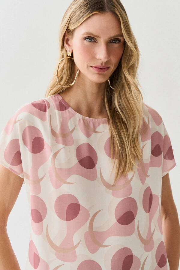 Blusa Abstrata Manga Morcego Ombro Pregas Double