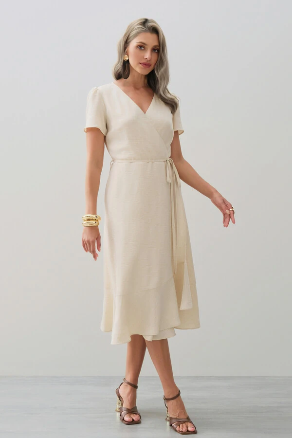 Vestido Midi Transpassado Camada Laço