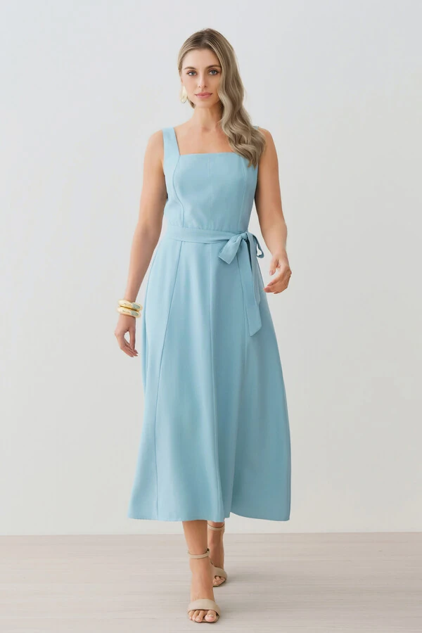 Vestido Midi de Alça Larga de Alfaitaria Decote Quadrado Recortes Cinto