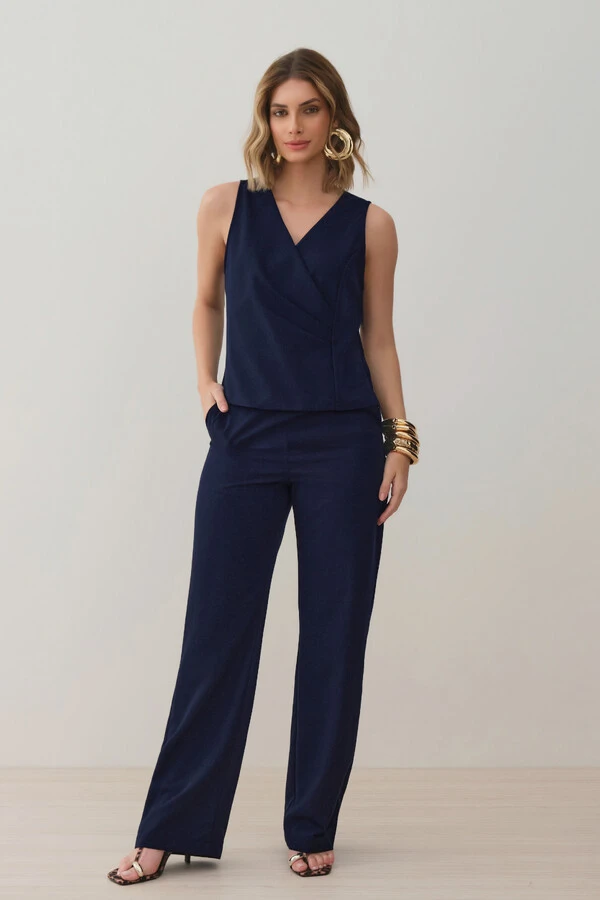 Conjunto de Blusa Regata Transpassada Pregas Triple e Calça Reta