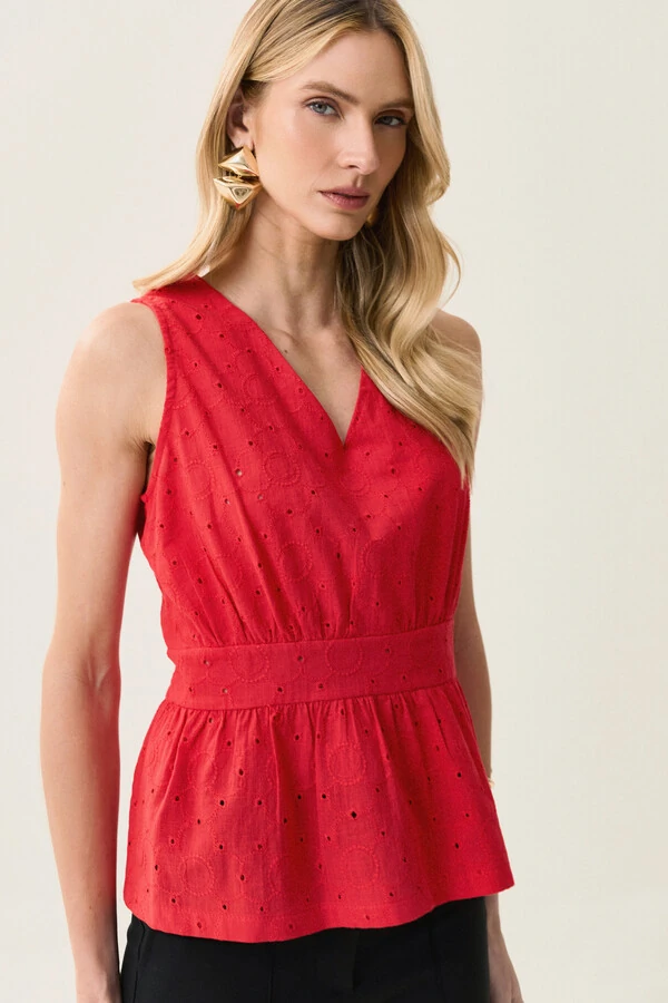 Regata de Laise de Algodão Acinturada Recorte Decote V