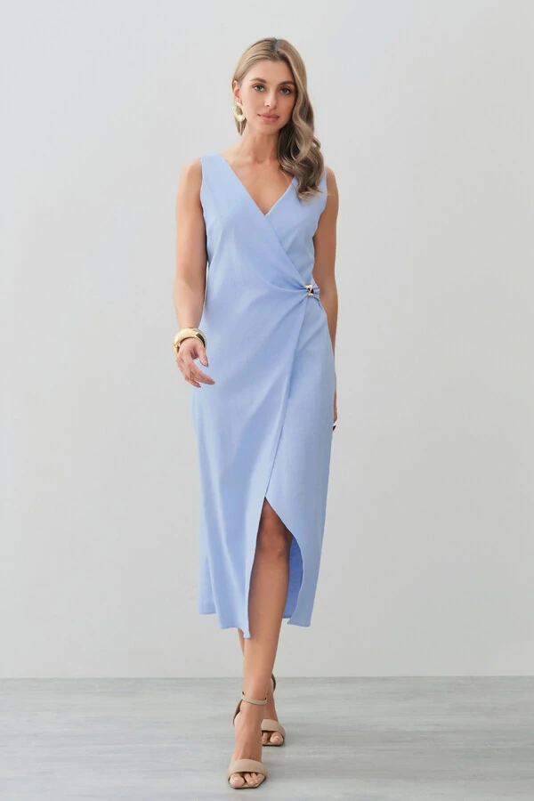 Vestido Midi Regata Transpassado de Linho Lateral Franzida Gold