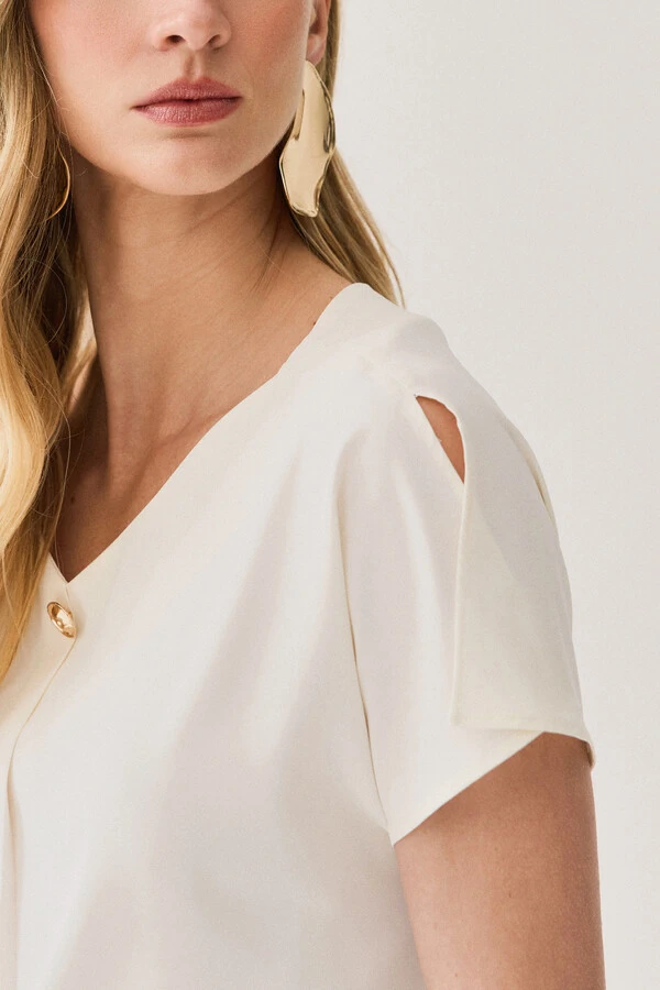 Blusa Manga Morcego Abertura Decote V Prega Gold