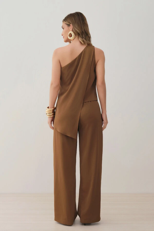 Conjunto de Blusa Regata Dupla Assimétrica Um Ombro Só Gold e Calça Pantalona Elástico