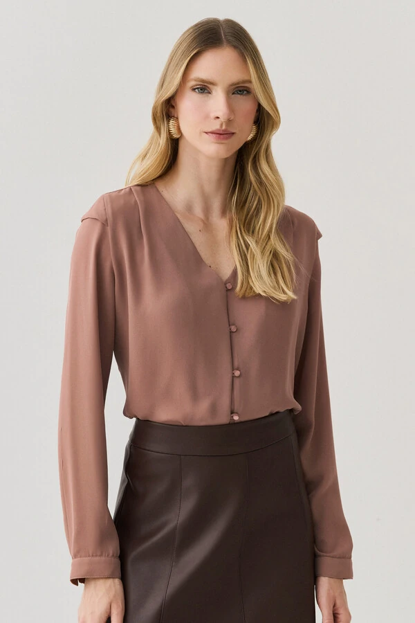 Camisa Manga Longa Punho Decote V Ombro Aba Mini Botões