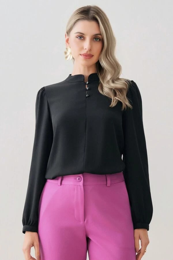 Blusa Manga Longa Punho Gola Baixa Mini Botões Triple