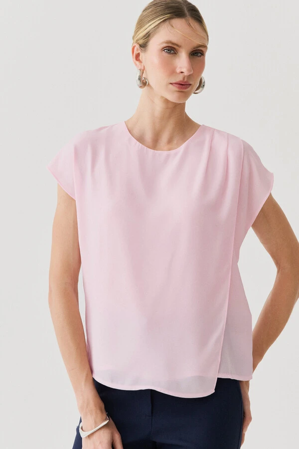 Blusa Dupla Assimétrica Transpassada Manga Morcego Ombro Esquerdo Pregas Triple