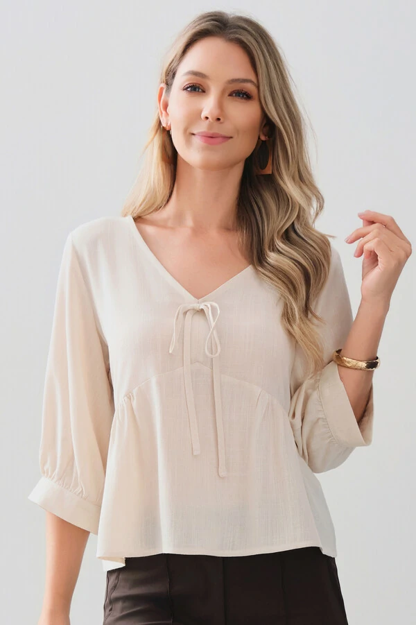 Blusa Manga 3/4 Punho Decote V Laço Recorte Busto