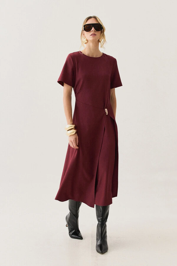 Vestido Midi de Alfaiataria Assimétrico Transpassado Pregas Gold