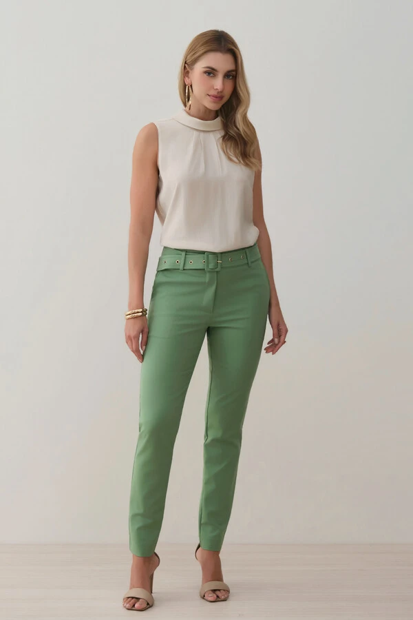 Calça Cigarrete Double Cinto Fivela Forrada Ilhós