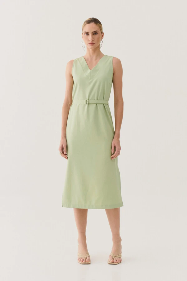 Vestido Midi Regata de Alfaiataria Decote V Recorte e Cinto Fivela