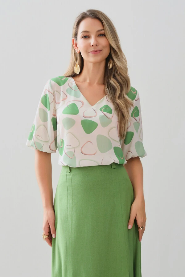 Blusa Abstrata Triângulo Manga 3/4 Elástico Decote V