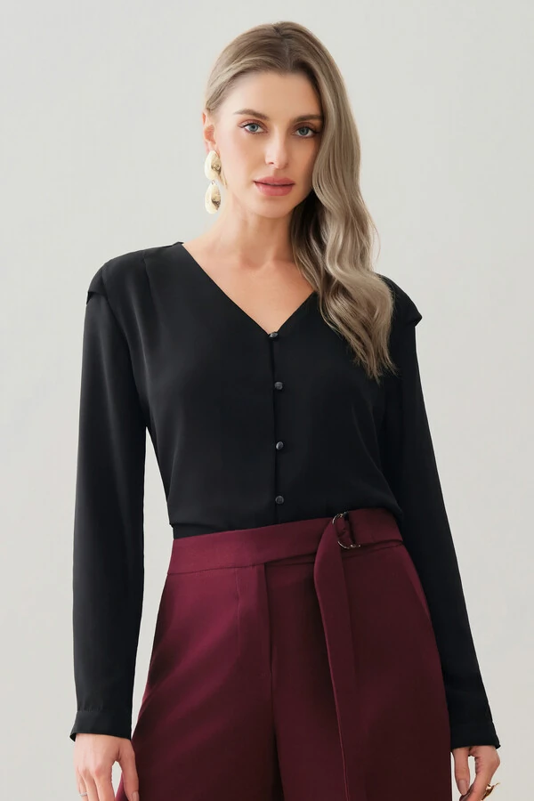 Camisa Manga Longa Punho Decote V Ombro Aba Mini Botões